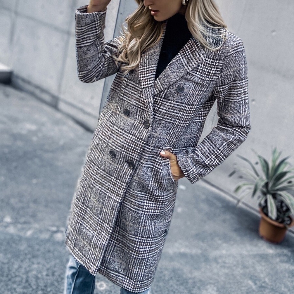 Houndstooth Plaid Double Breasted Button Jacket C… - image 5